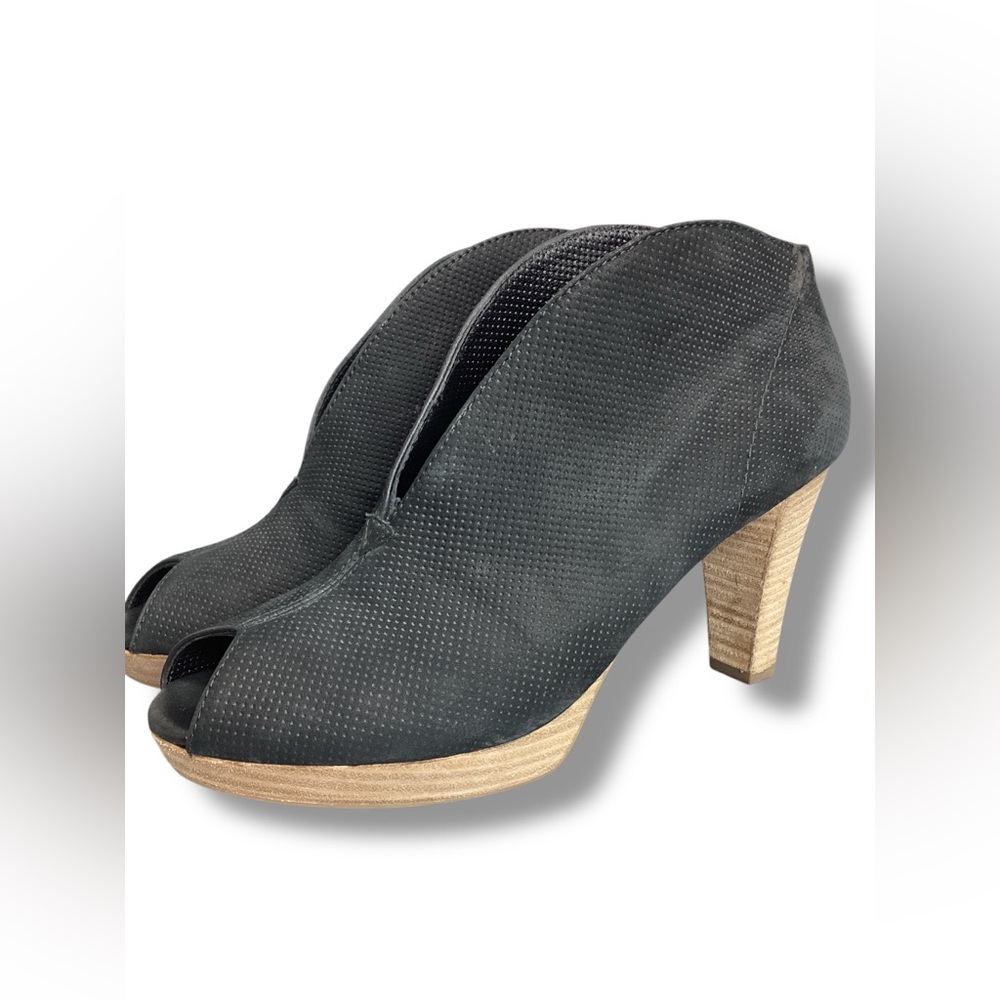 Paul Green Black Peep toe Bootie Heels Nubuck Suede Perforated